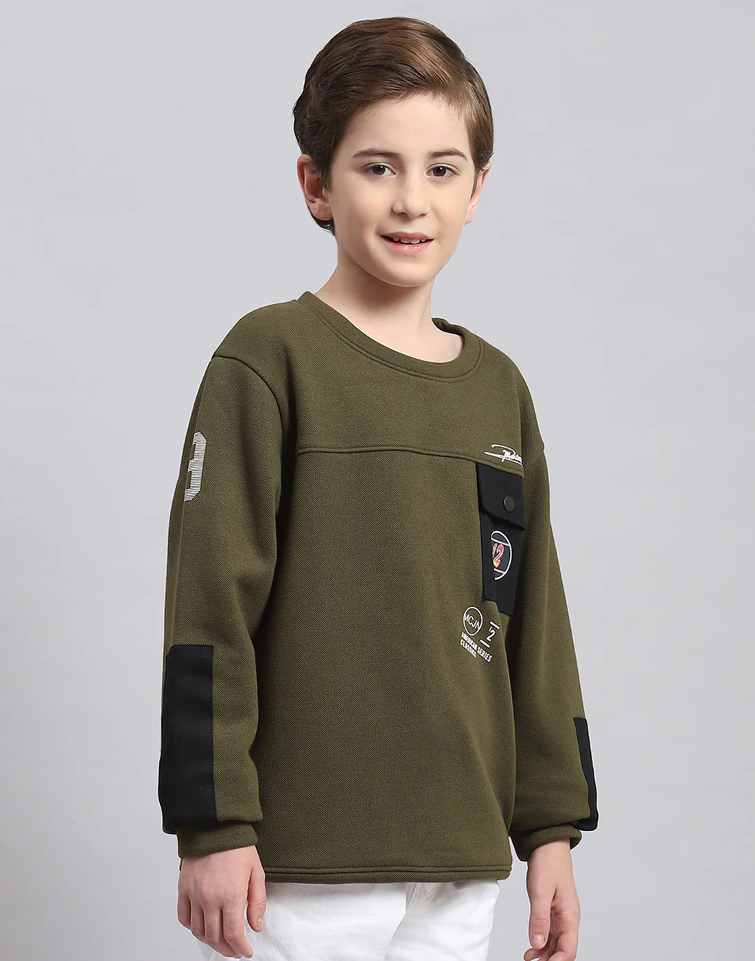 Boys Olive Printed Round Neck Full Sleeve Sweatshirt - Image 4