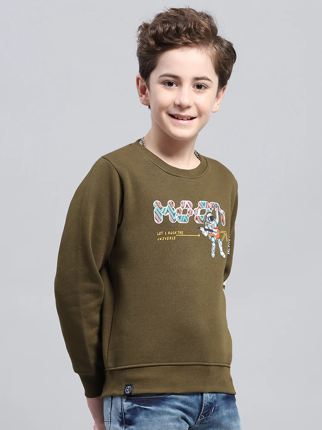 Boys Olive Printed Round Neck Full Sleeve Sweatshirt - Image 4