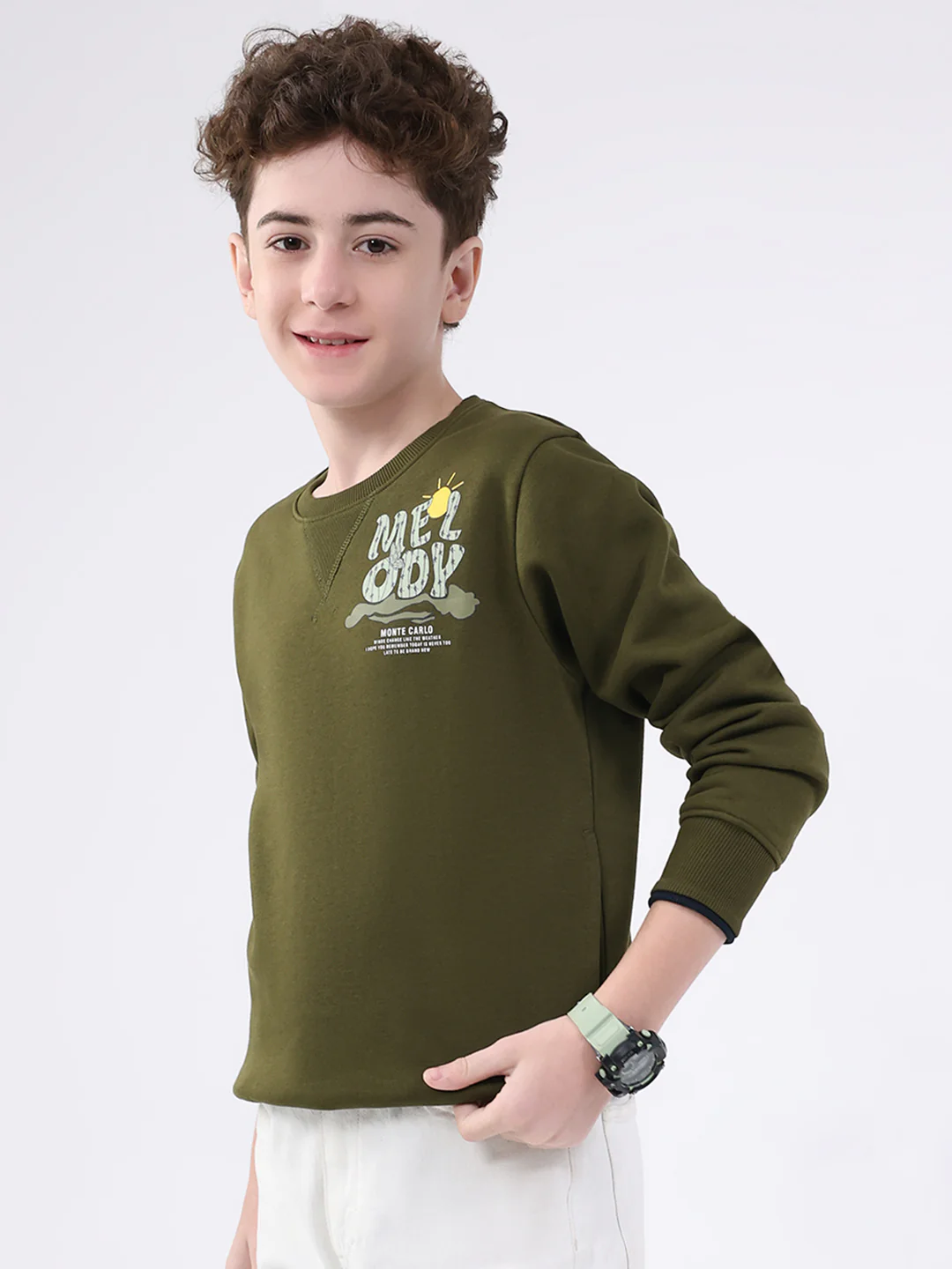 Boys Olive Printed Round Neck Full Sleeve Sweatshirt - Image 3