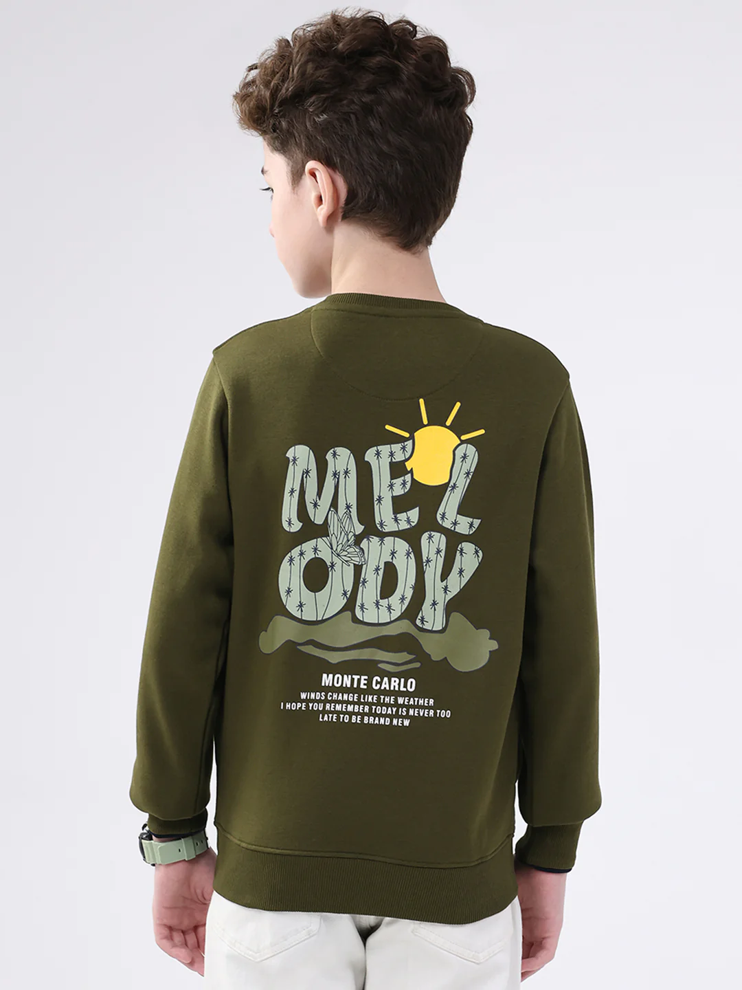 Boys Olive Printed Round Neck Full Sleeve Sweatshirt - Image 5