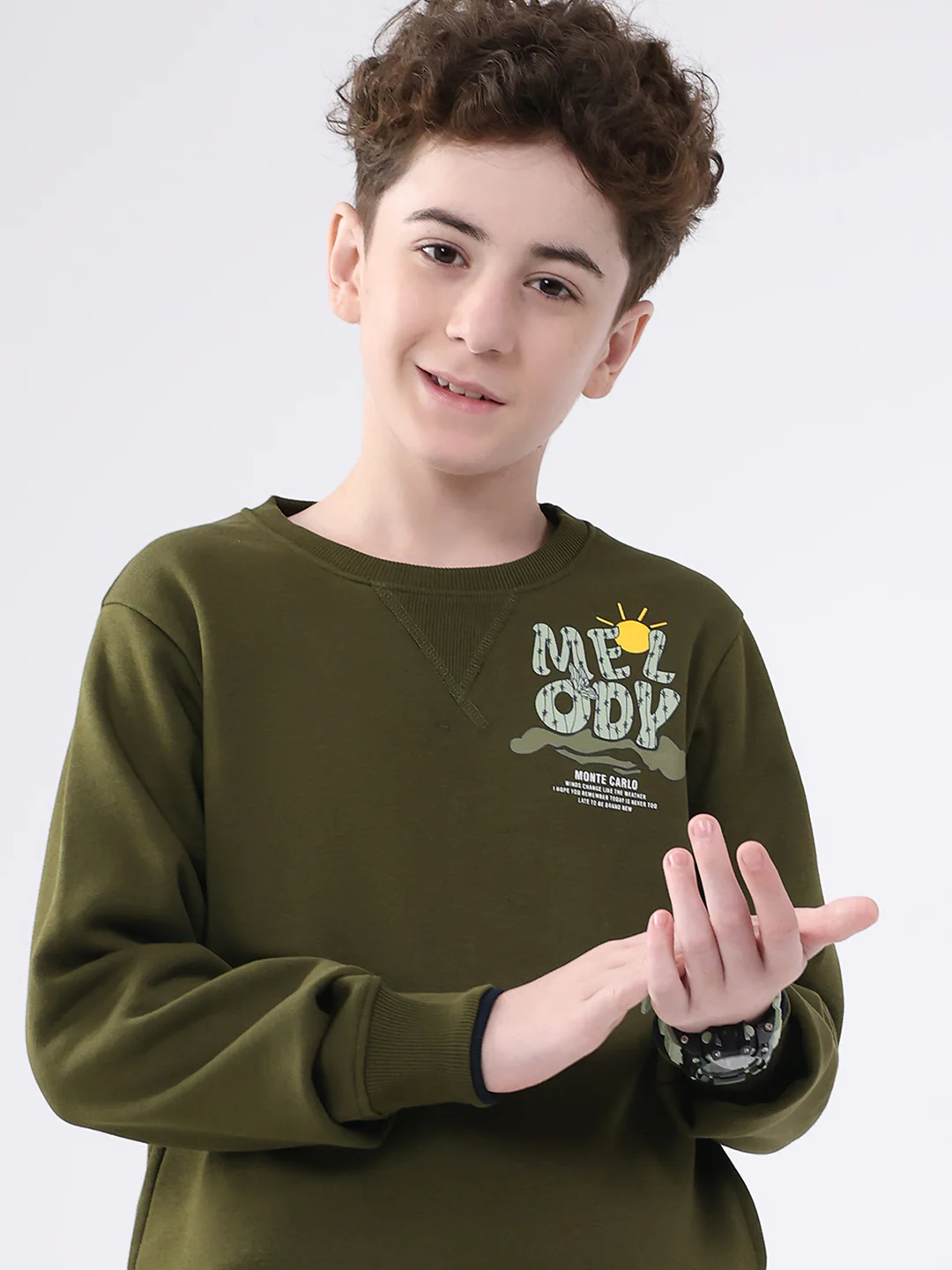 Boys Olive Printed Round Neck Full Sleeve Sweatshirt - Image 6
