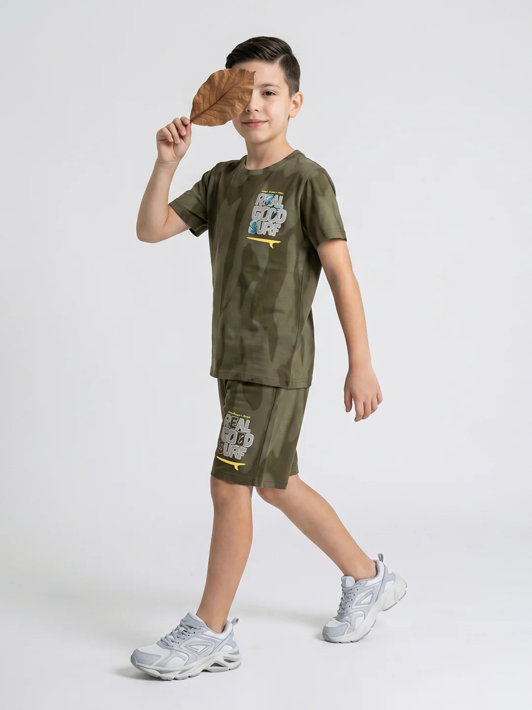 Boys Olive Printed Round Neck Half Sleeve Cords Set - Image 2