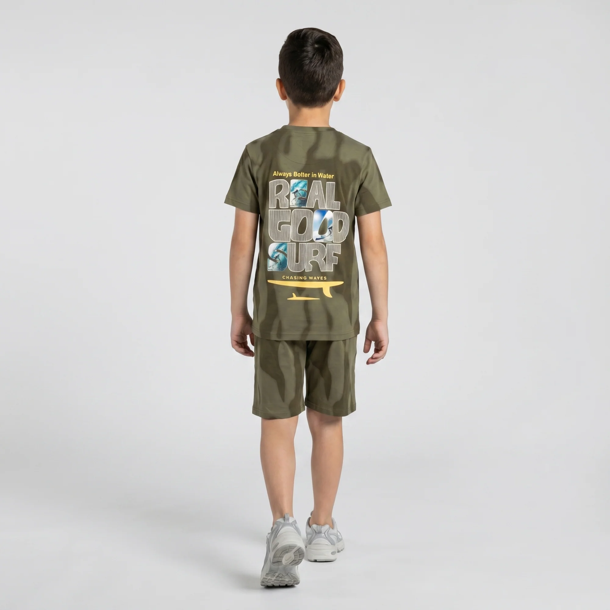 Boys Olive Printed Round Neck Half Sleeve Cords Set - Image 4