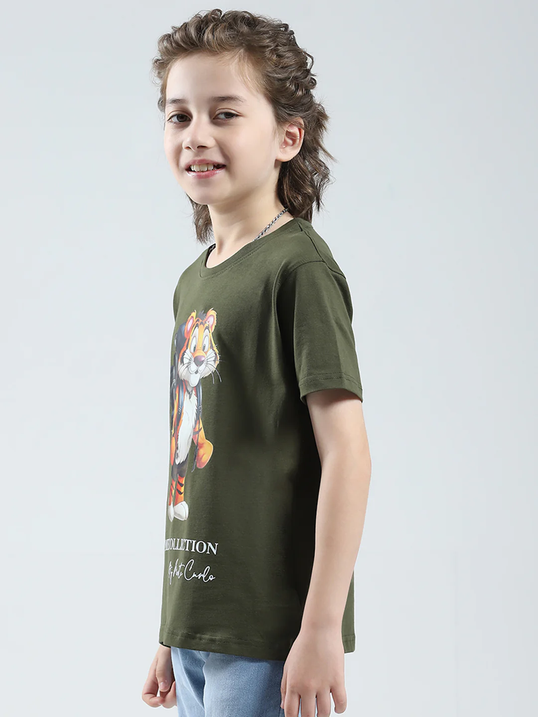 Boys Olive Printed Round Neck Half Sleeve T-Shirt - Image 3