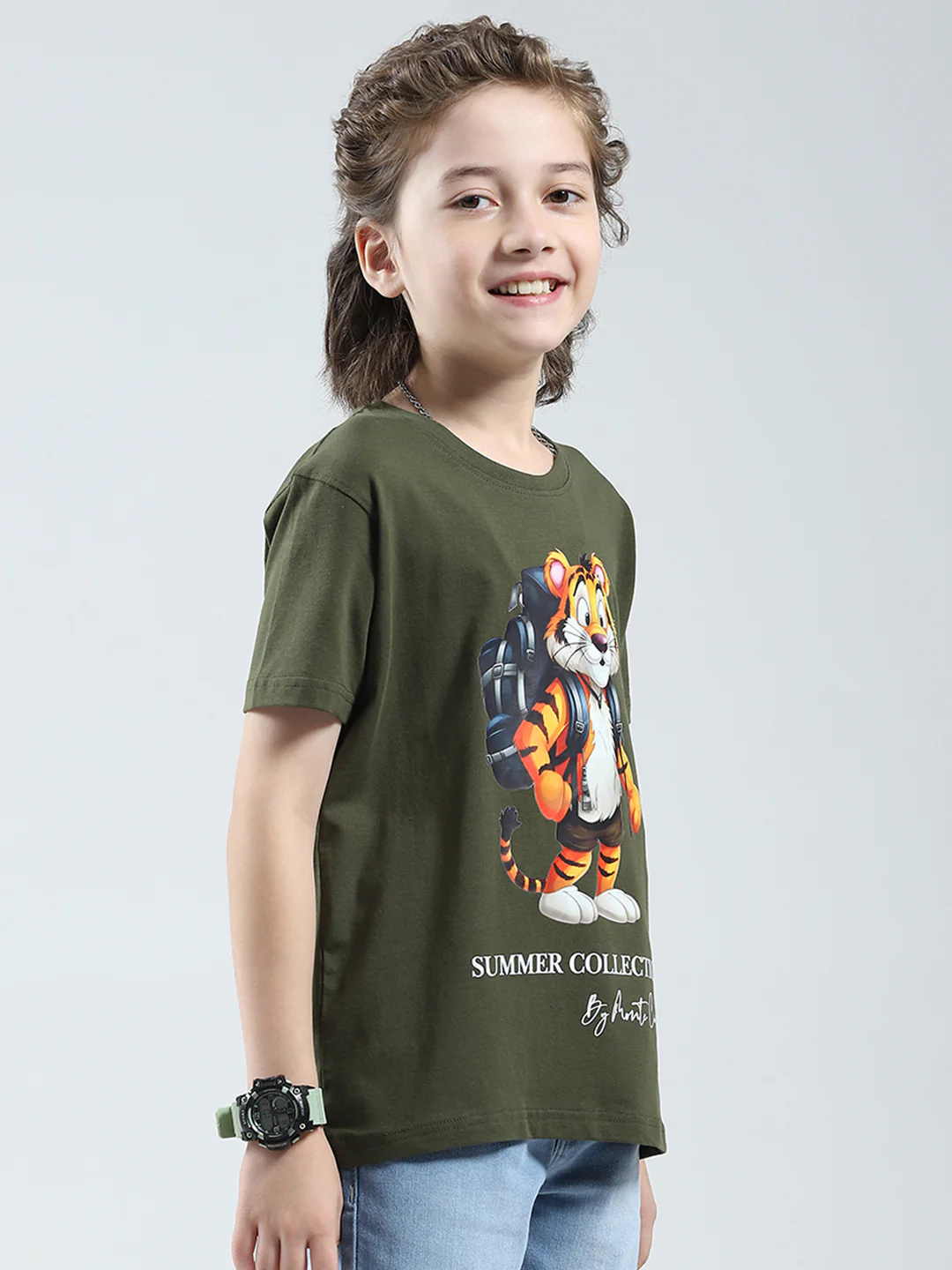 Boys Olive Printed Round Neck Half Sleeve T-Shirt - Image 4