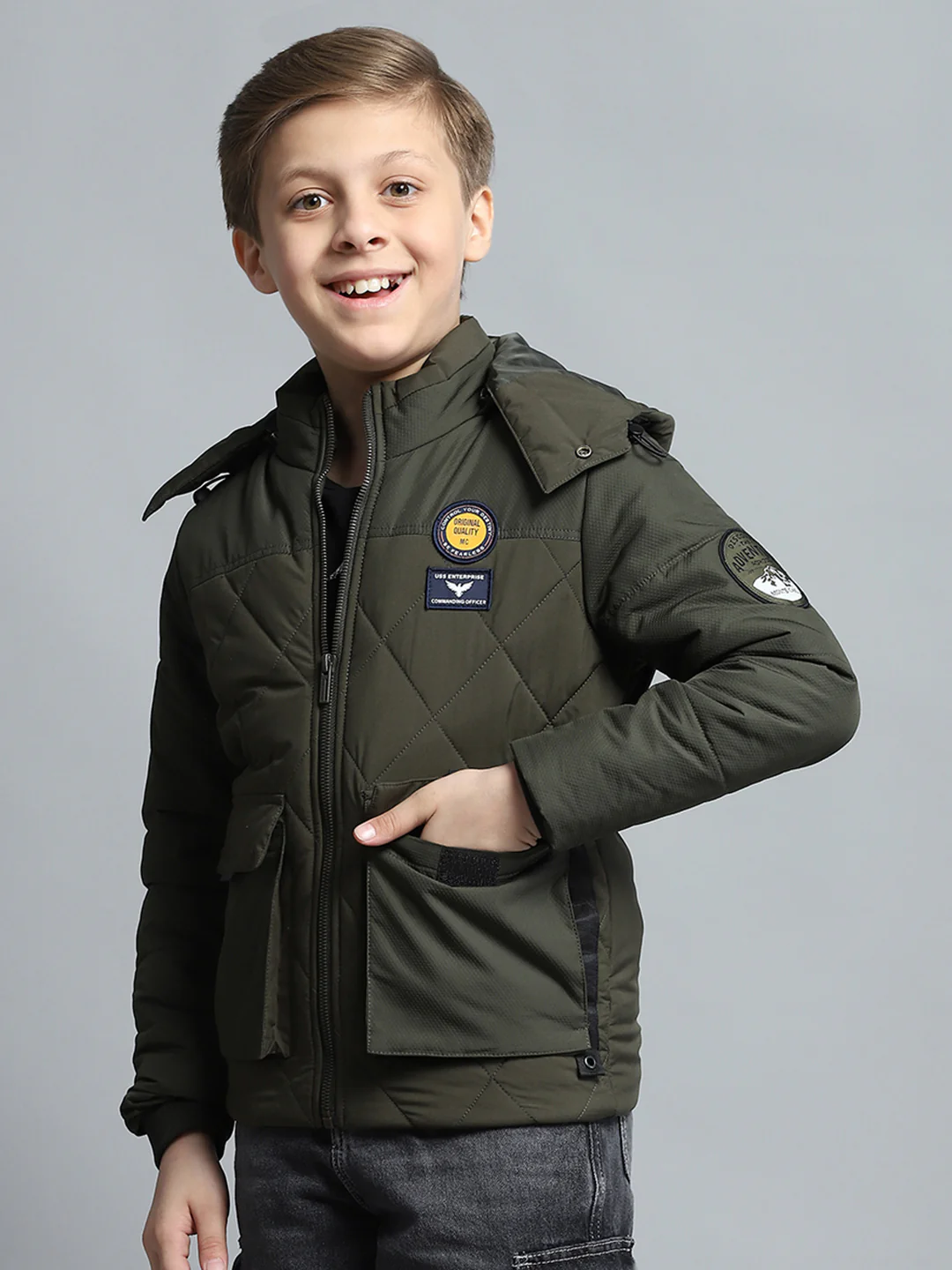 Boys Olive Self Design Detachable Hood Full Sleeve Jacket - Image 3