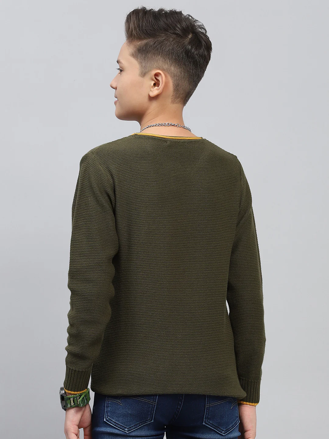 Boys Olive Self Design Round Neck Full Sleeve Pullover - Image 5