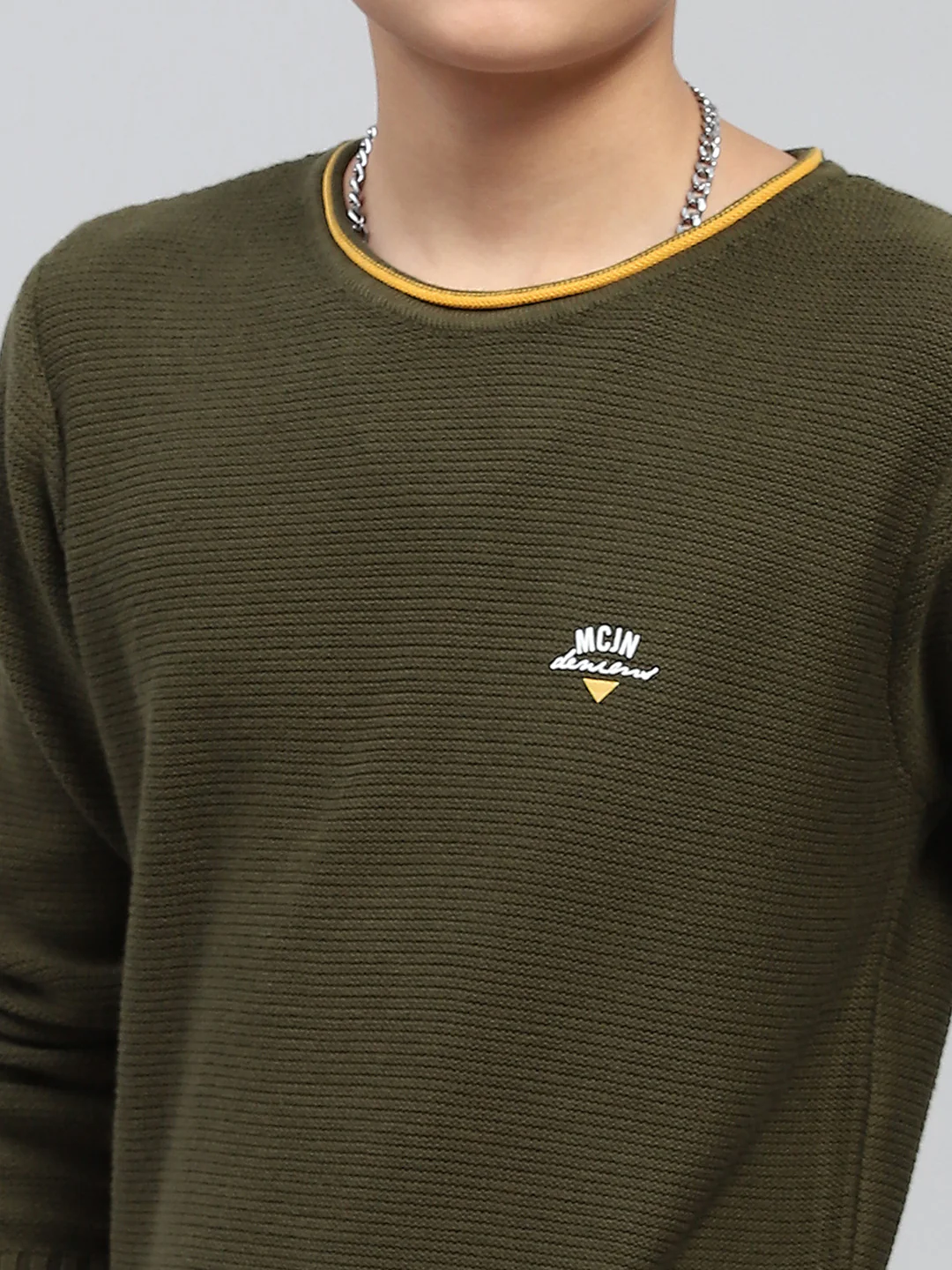 Boys Olive Self Design Round Neck Full Sleeve Pullover - Image 6