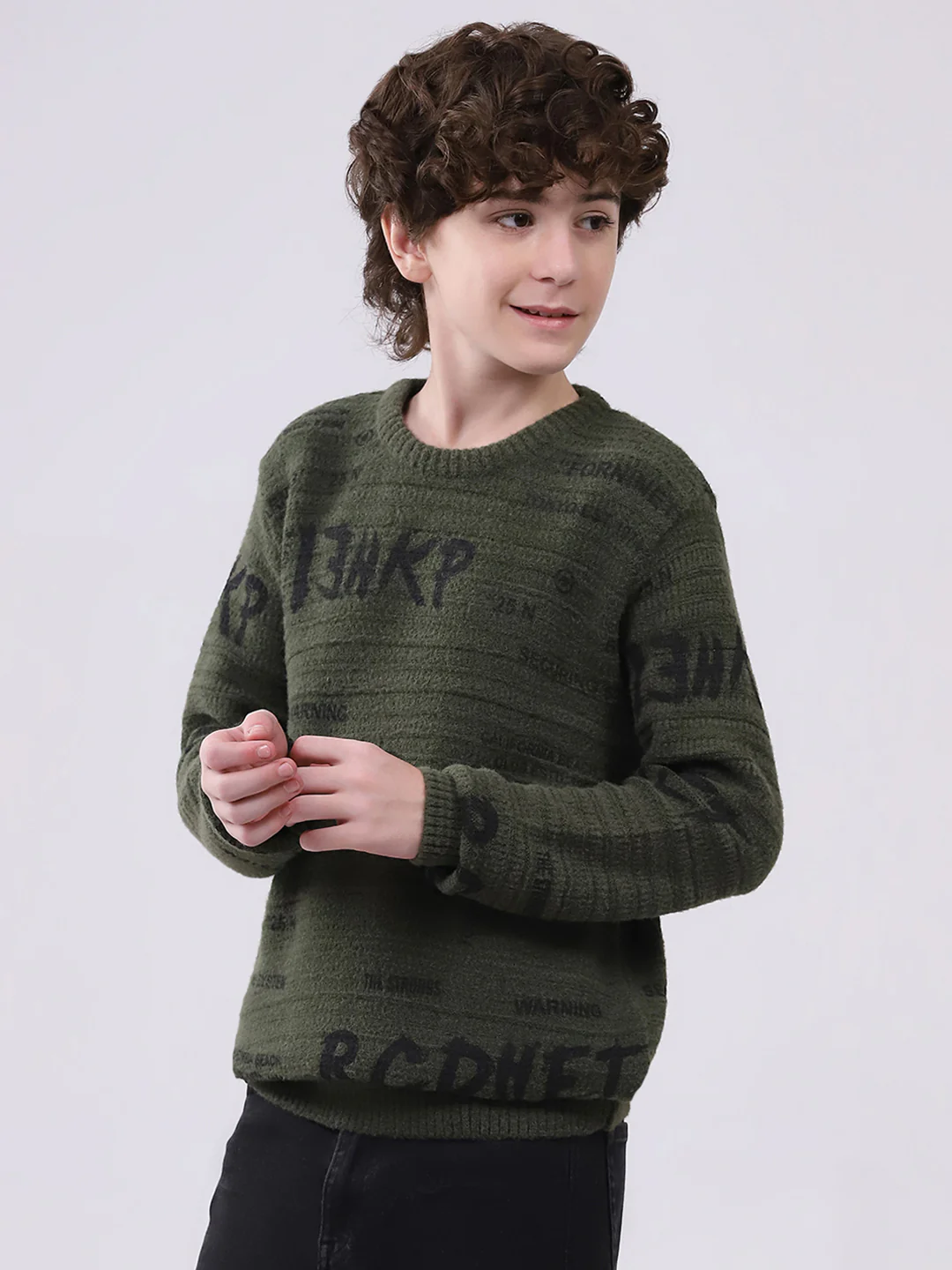 Boys Olive Self Design Round Neck Full Sleeve Pullover - Image 3