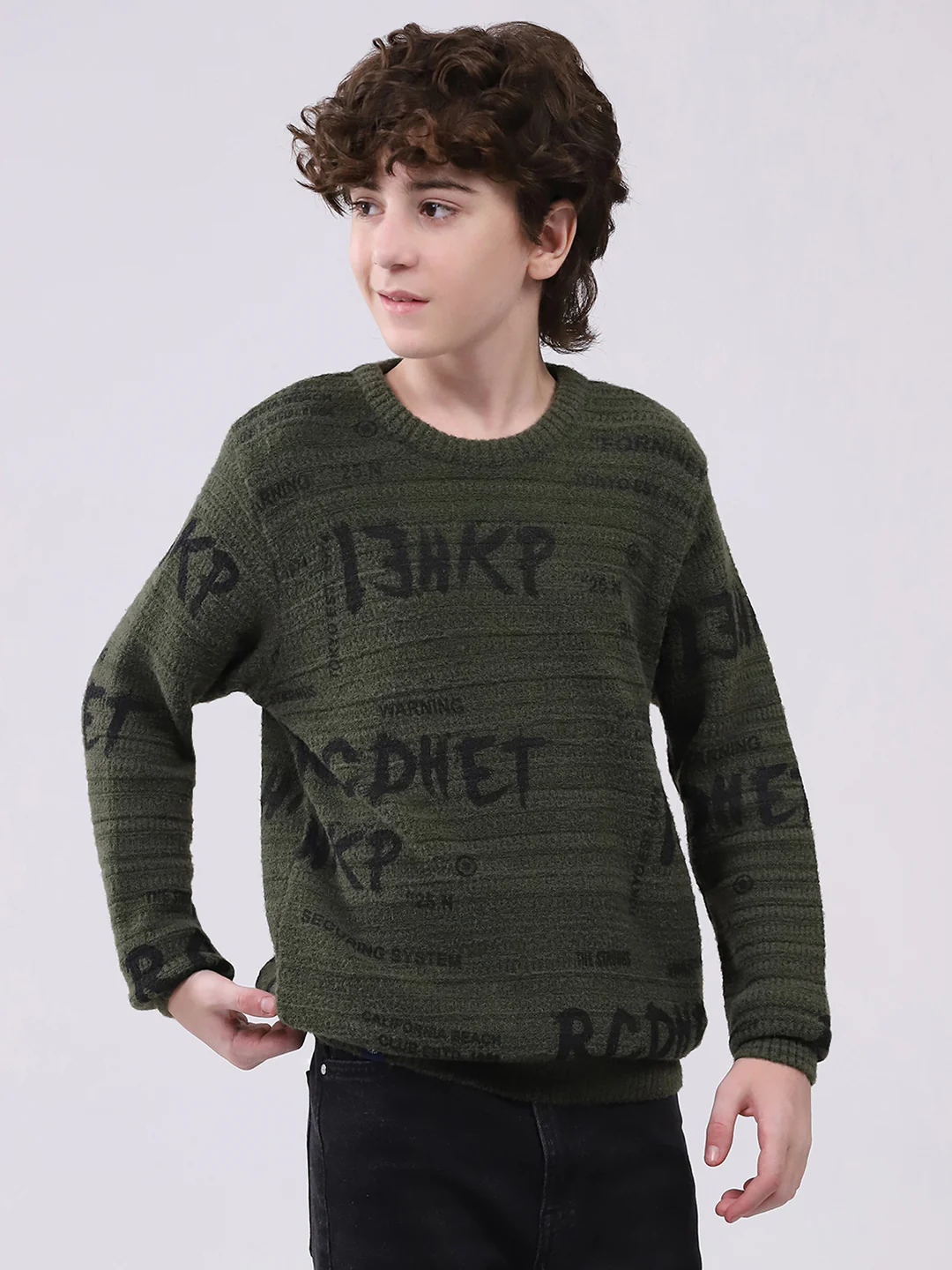Boys Olive Self Design Round Neck Full Sleeve Pullover - Image 4