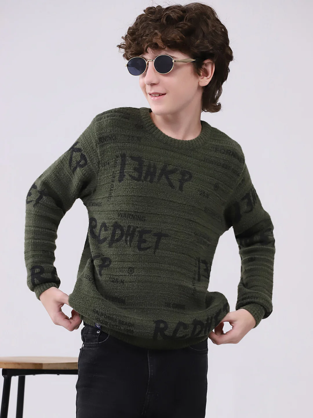 Boys Olive Self Design Round Neck Full Sleeve Pullover - Image 6