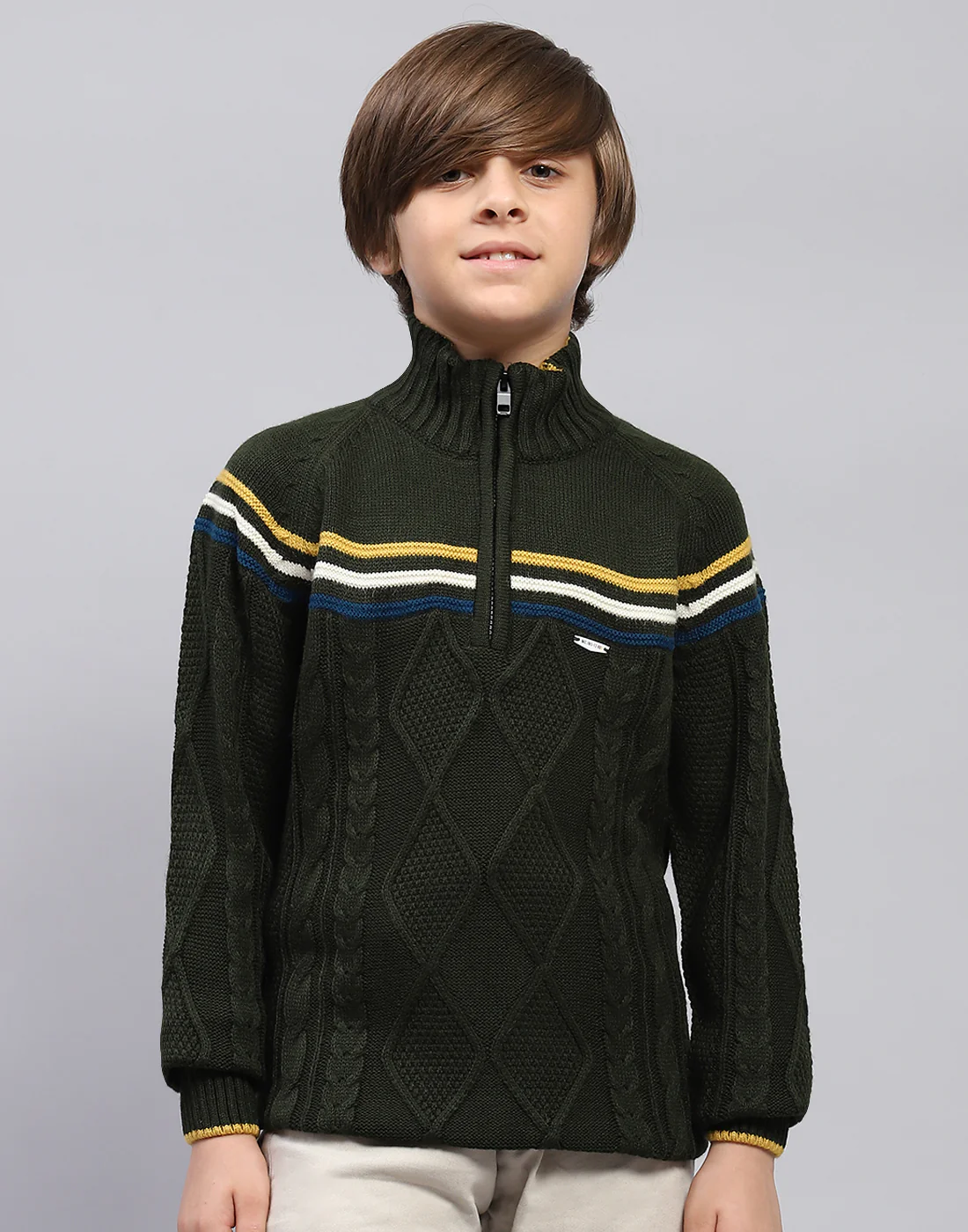 Boys Olive Self Design Turtle Neck Full Sleeve Pullover - Image 2