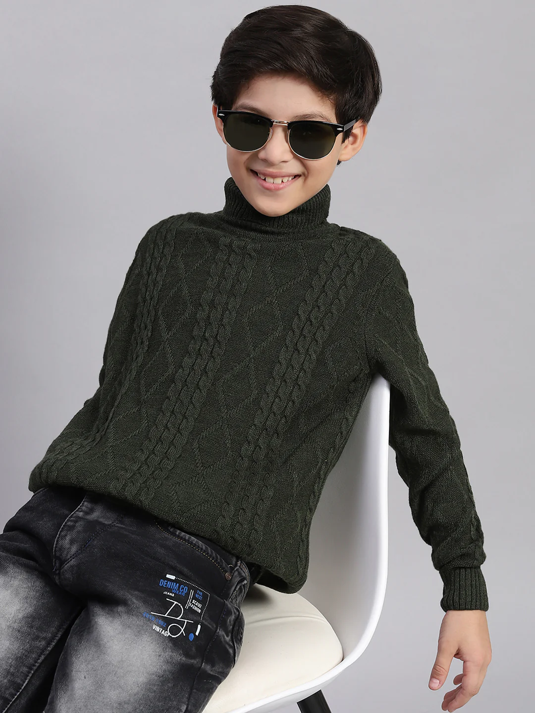 Boys Olive Self Design T Neck Full Sleeve Sweater - Image 2