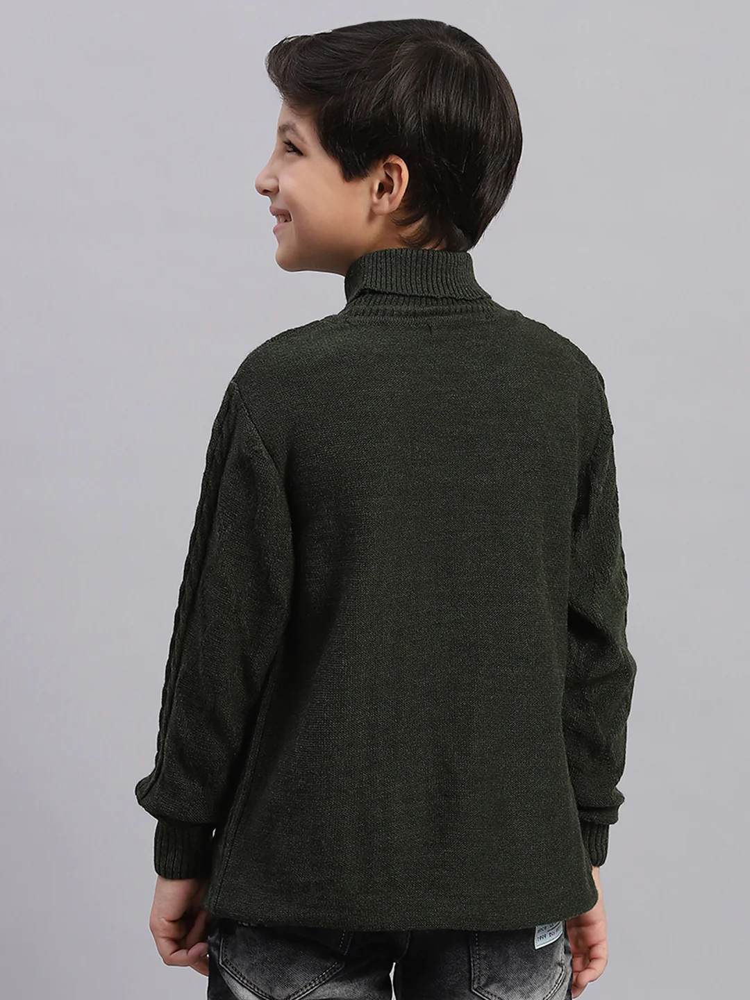 Boys Olive Self Design T Neck Full Sleeve Sweater - Image 4