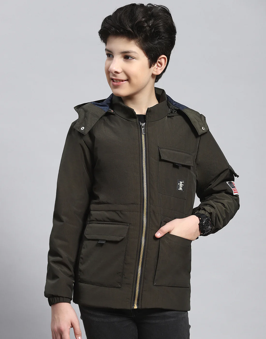 Boys Olive Solid Hooded Full Sleeve Boys Jacket - Image 2