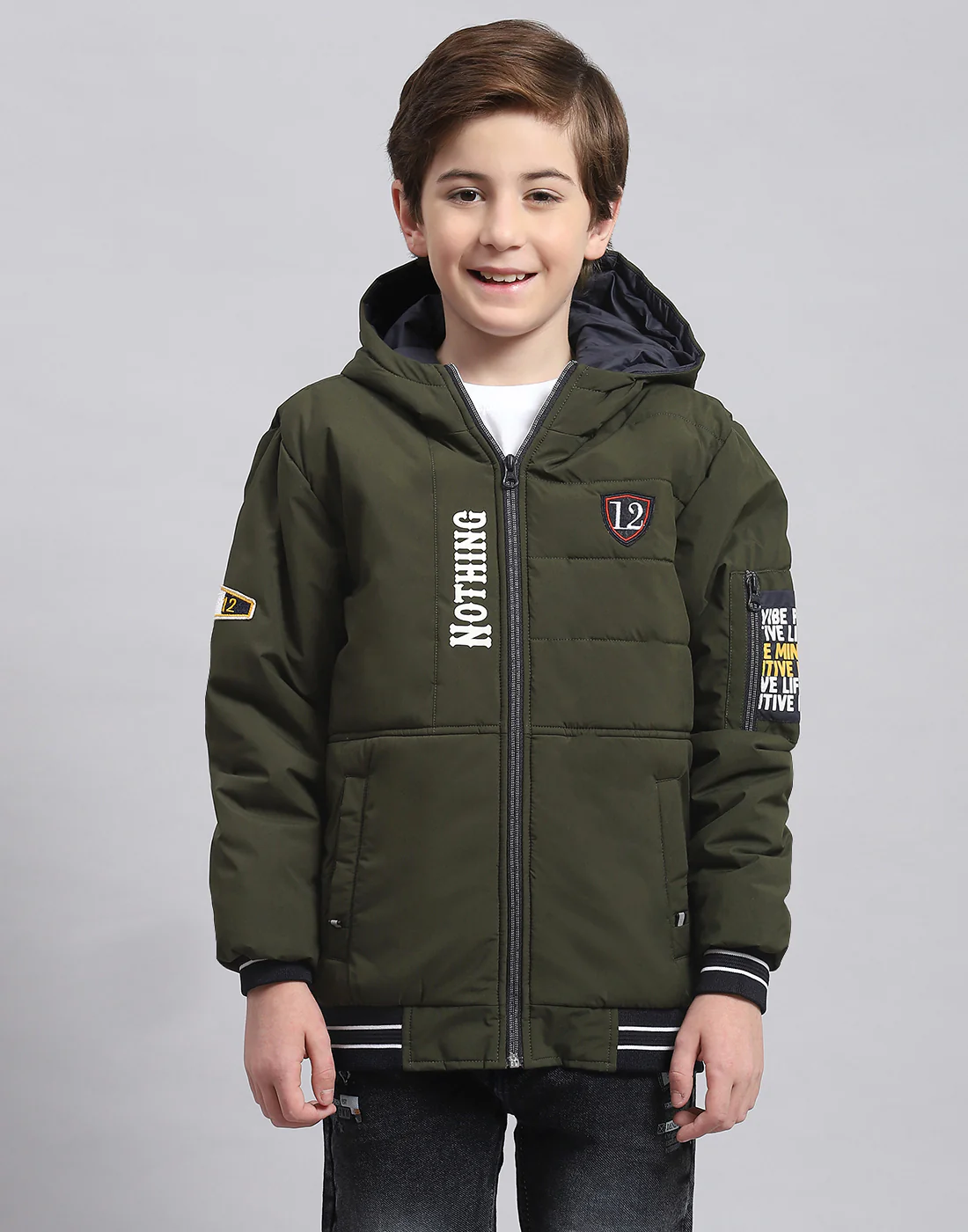 Boys Olive Solid Hooded Full Sleeve Boys Jacket - Image 2