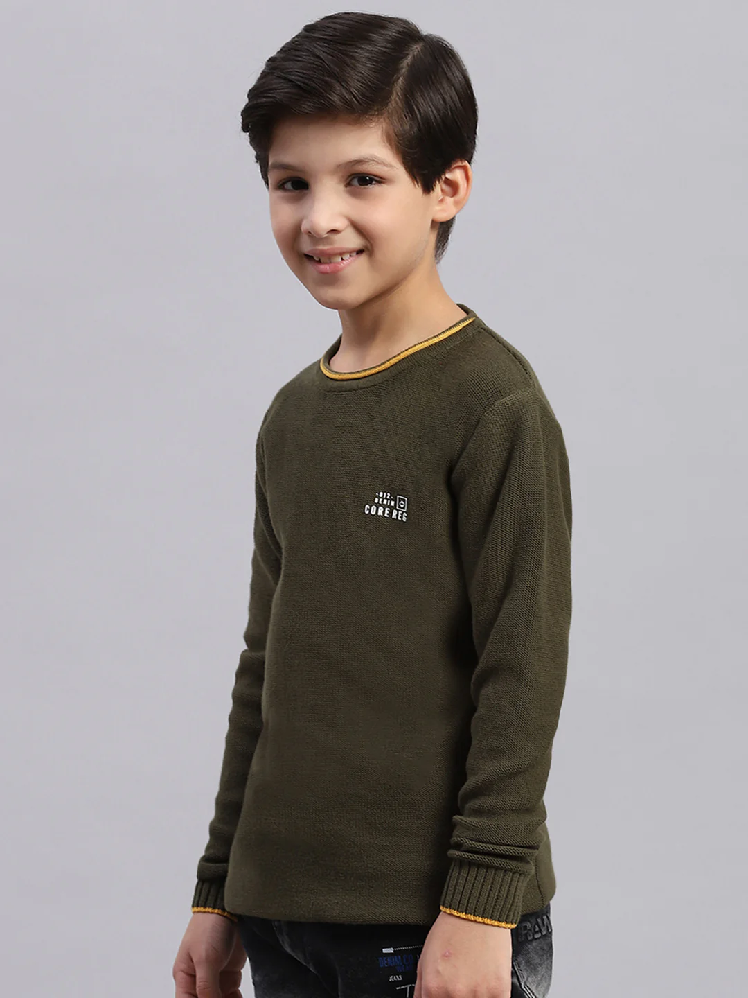 Boys Olive Solid Round Neck Full Sleeve Sweater - Image 5