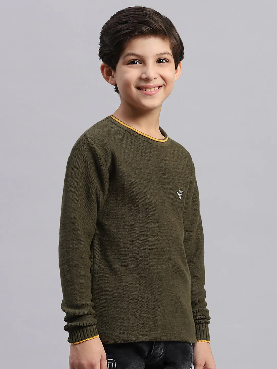 Boys Olive Solid Round Neck Full Sleeve Sweater - Image 6