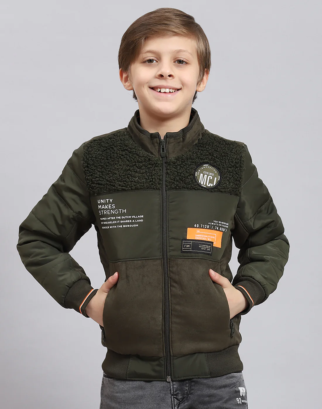 Boys Olive Solid Stand Collar Full Sleeve Boys Jacket - Image 2