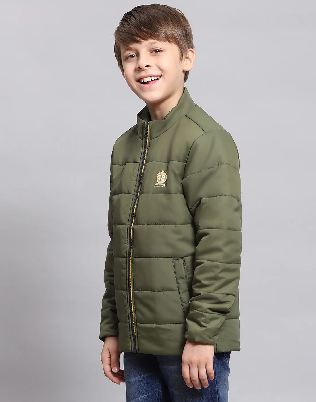 Boys Olive Solid Stand Collar Full Sleeve Boys Jacket - Image 3