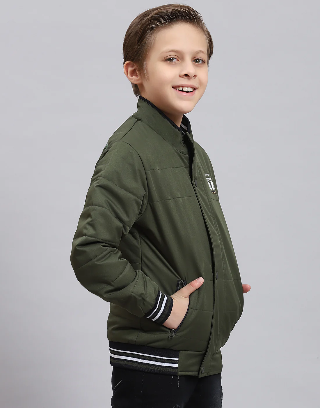 Boys Olive Solid Stand Collar Full Sleeve Boys Jacket - Image 4