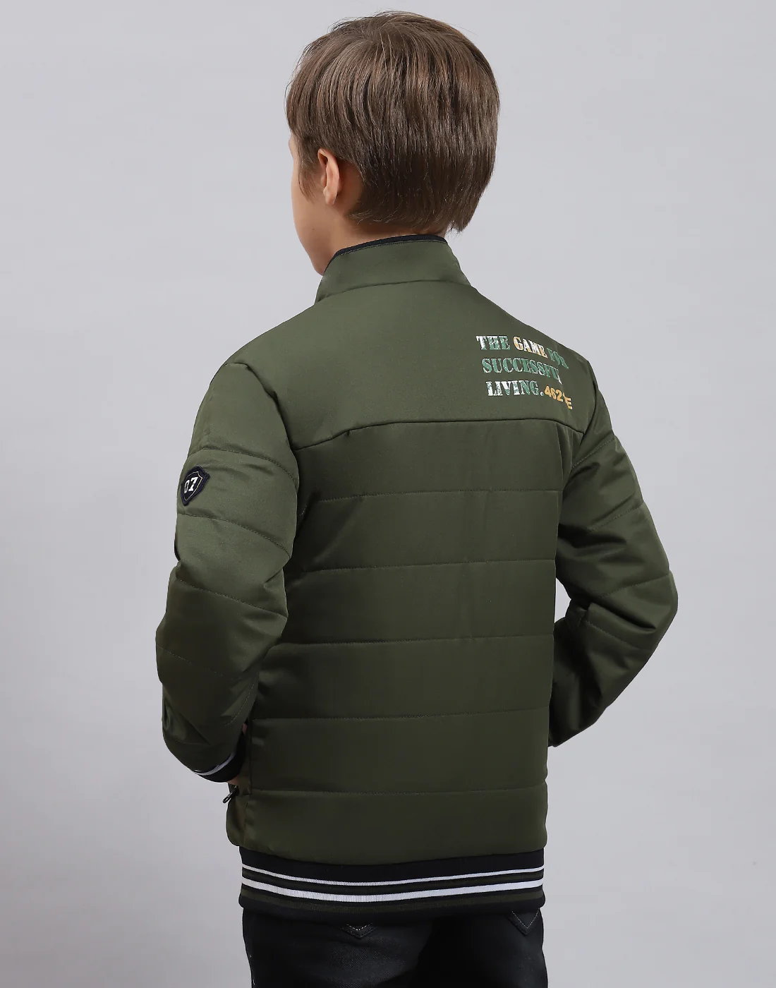 Boys Olive Solid Stand Collar Full Sleeve Boys Jacket - Image 5