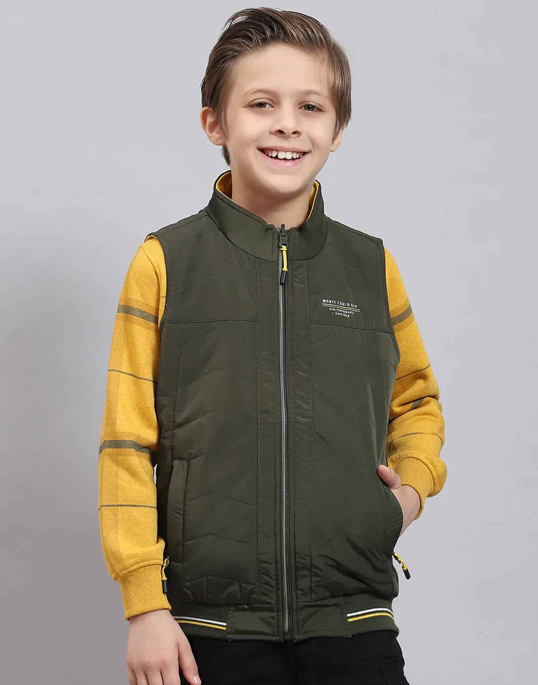 Boys Olive Solid Stand Collar Sleeveless Boys Jacket - Image 2