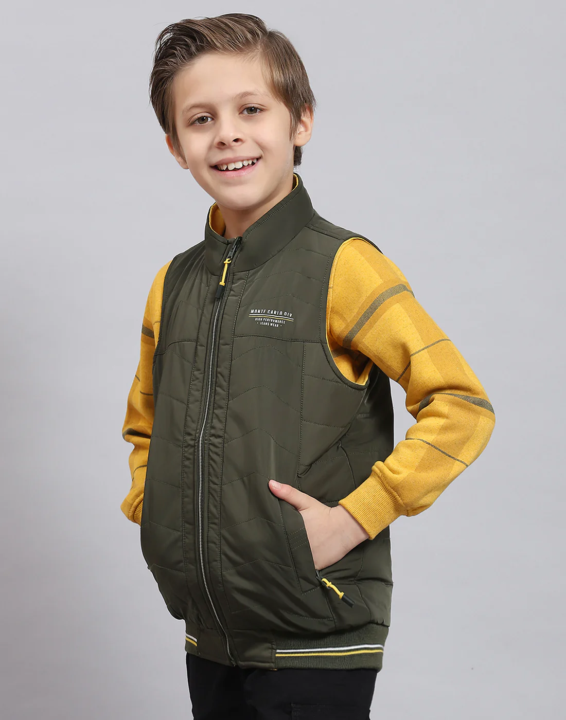 Boys Olive Solid Stand Collar Sleeveless Boys Jacket - Image 3