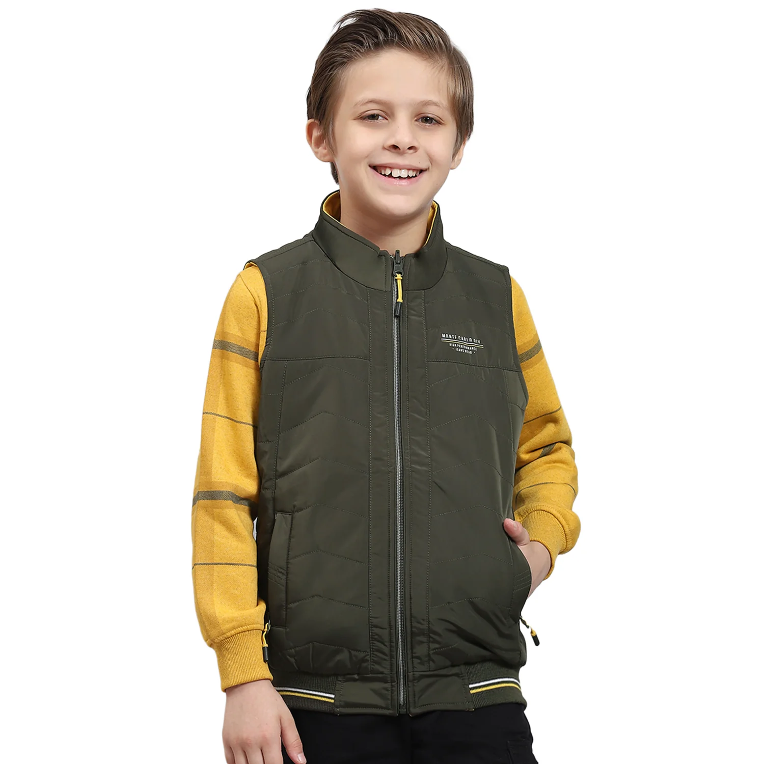 Boys Olive Solid Stand Collar Sleeveless Boys Jacket - Image 5