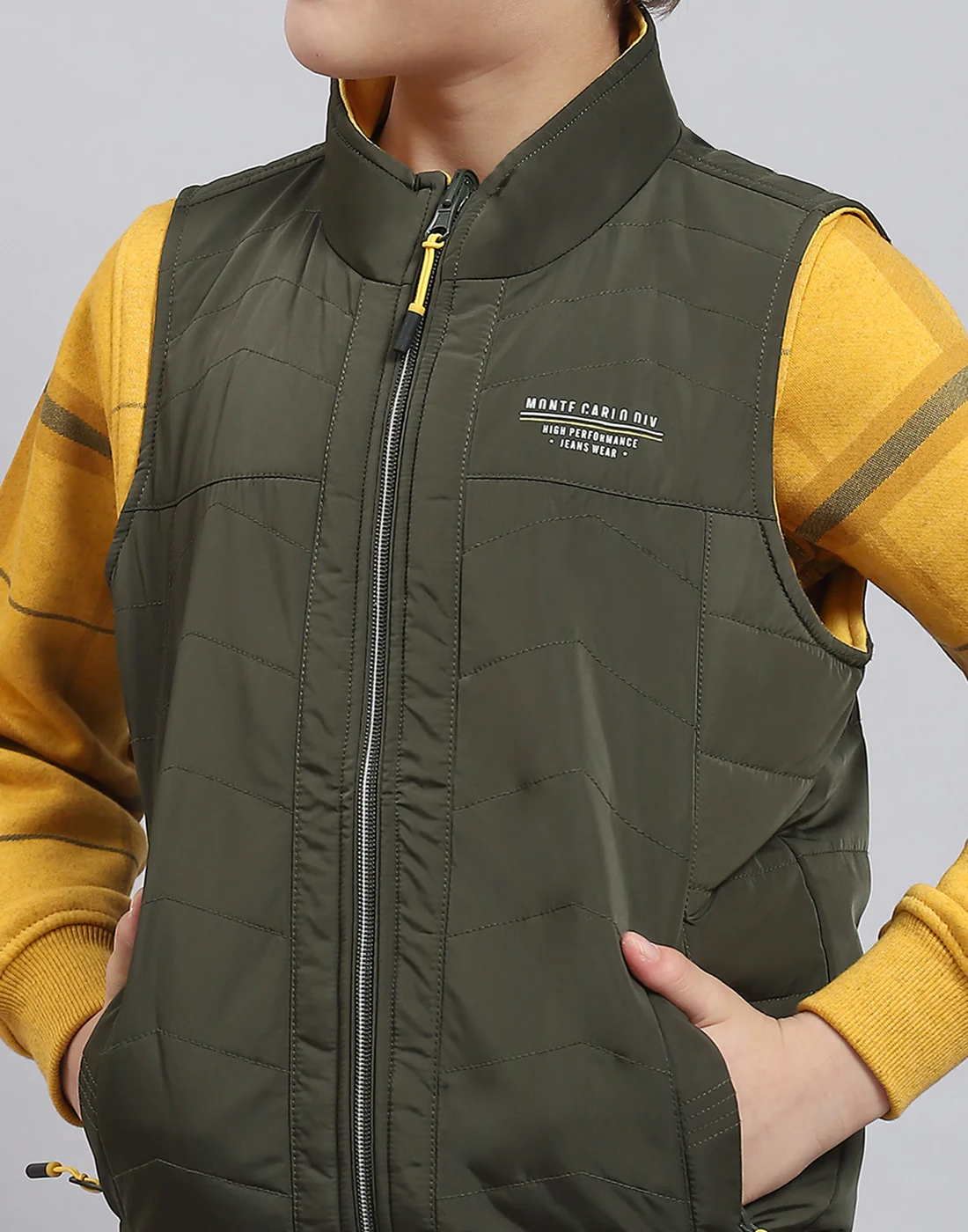 Boys Olive Solid Stand Collar Sleeveless Boys Jacket - Image 7