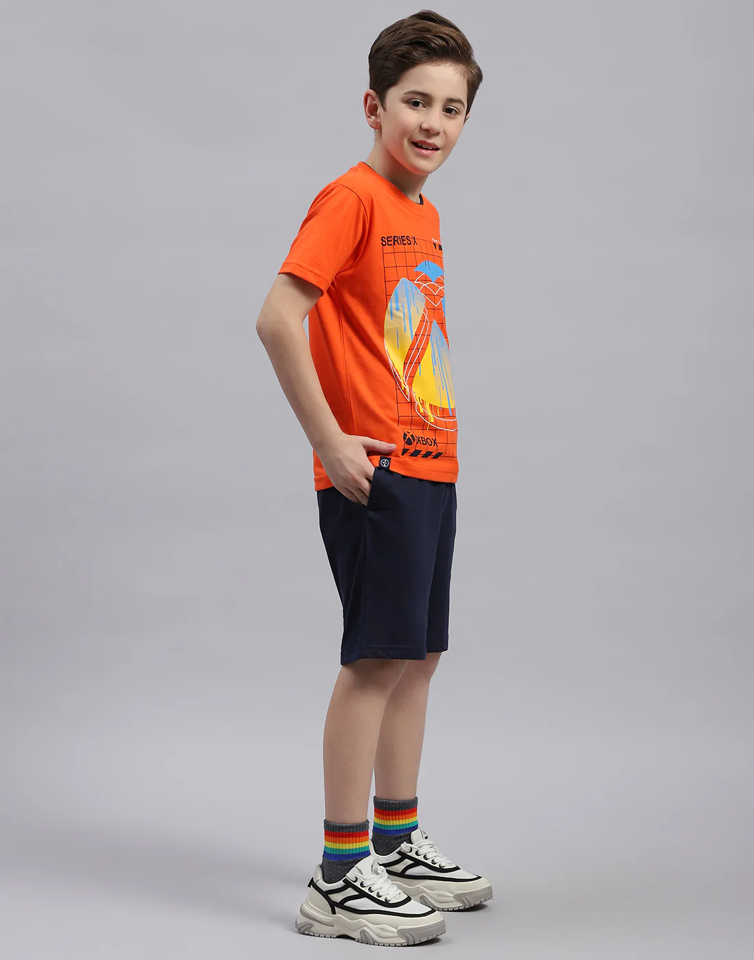 Boys Orange & Navy Blue Printed Round Neck Half Sleeve Bermuda Set - Image 4