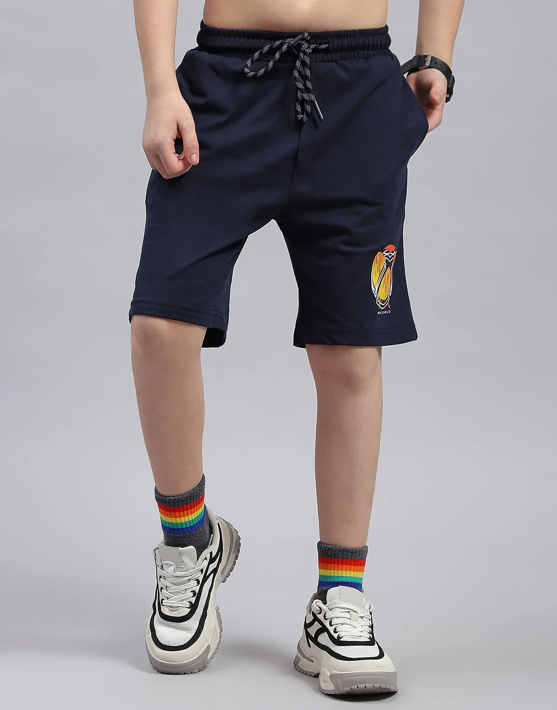 Boys Orange & Navy Blue Printed Round Neck Half Sleeve Bermuda Set - Image 7