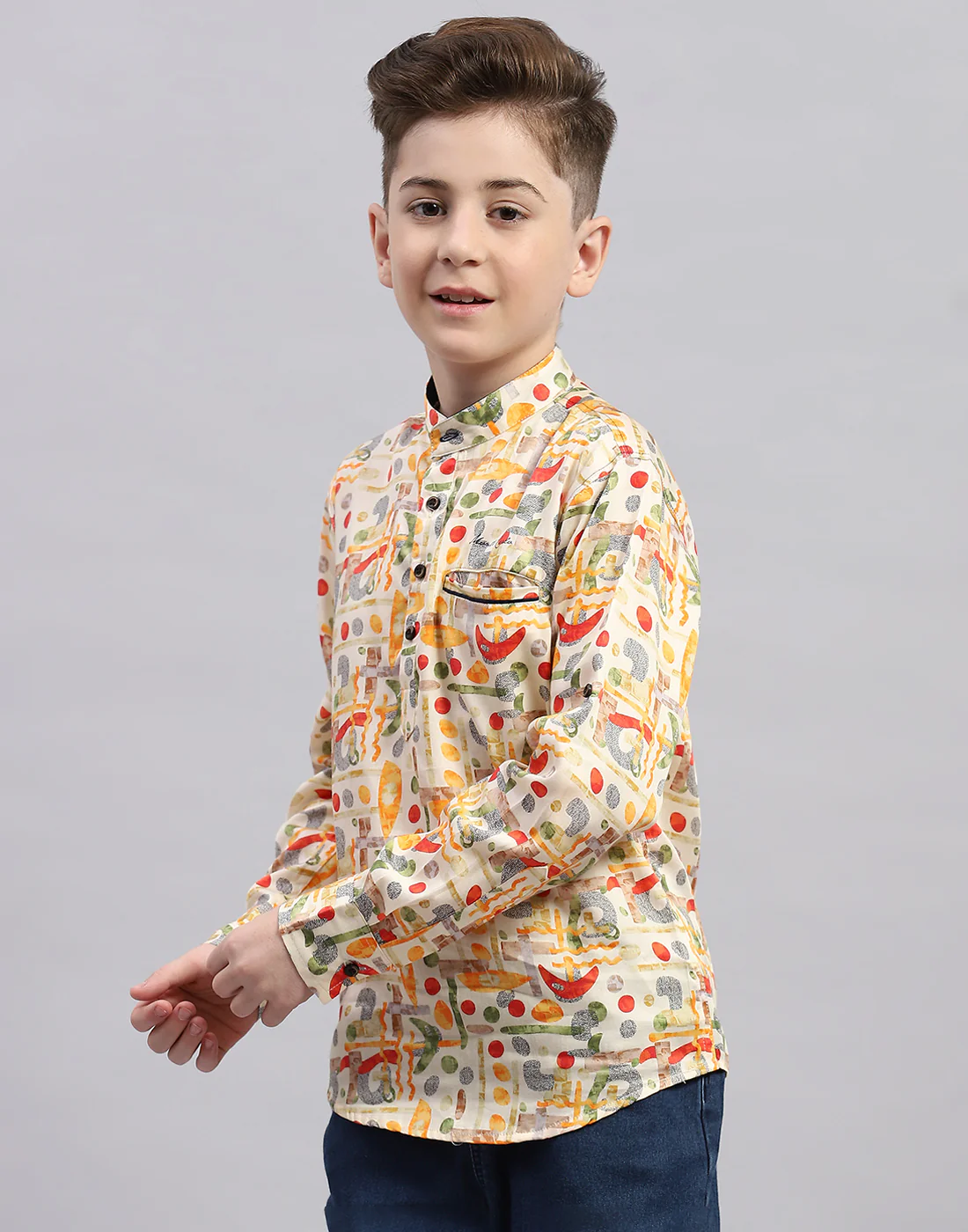 Boys Orange Printed Collar Full Sleeve Shirt - Image 3