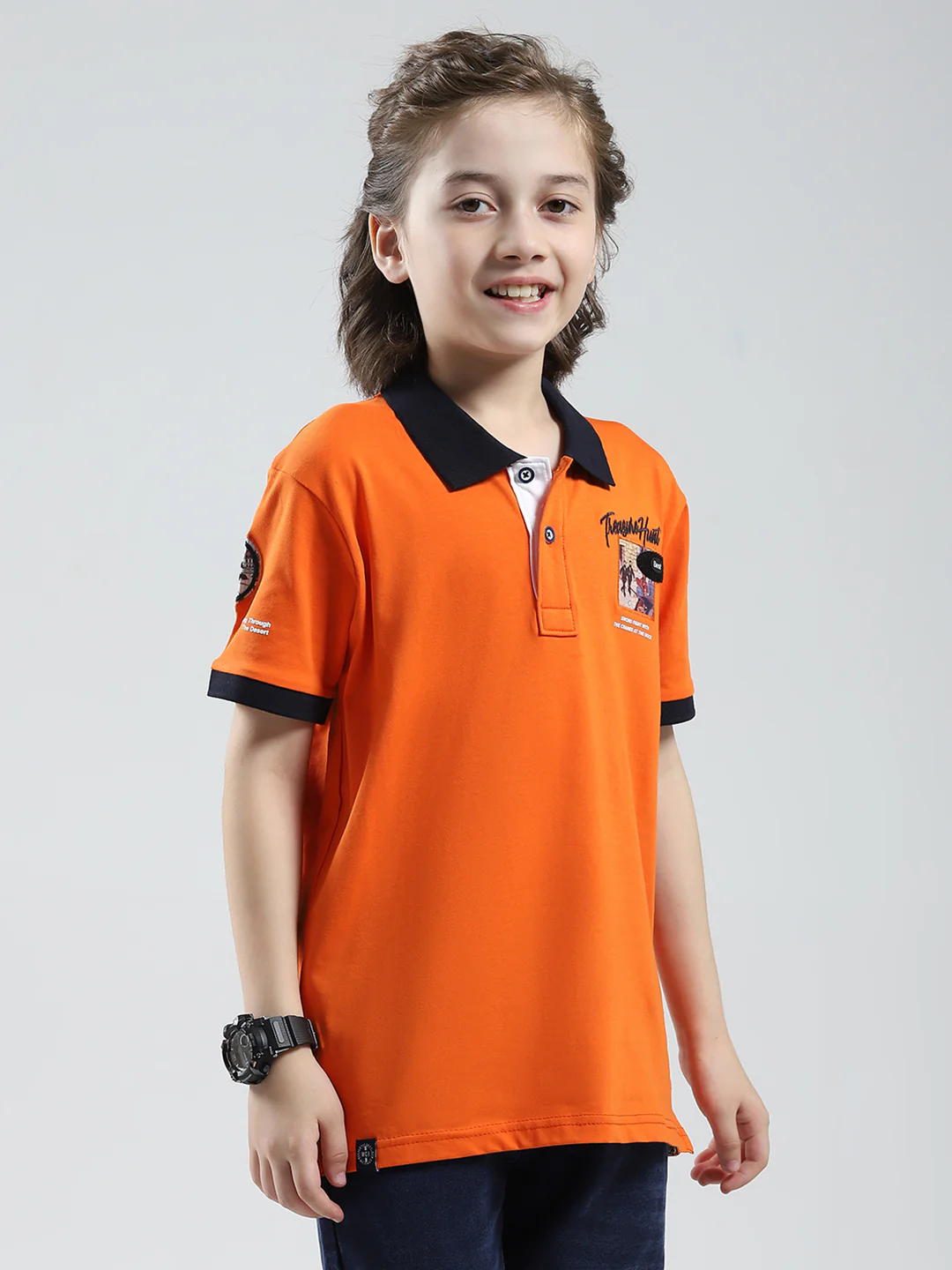 Boys Orange Printed Collar Half Sleeve T-Shirt - Image 4