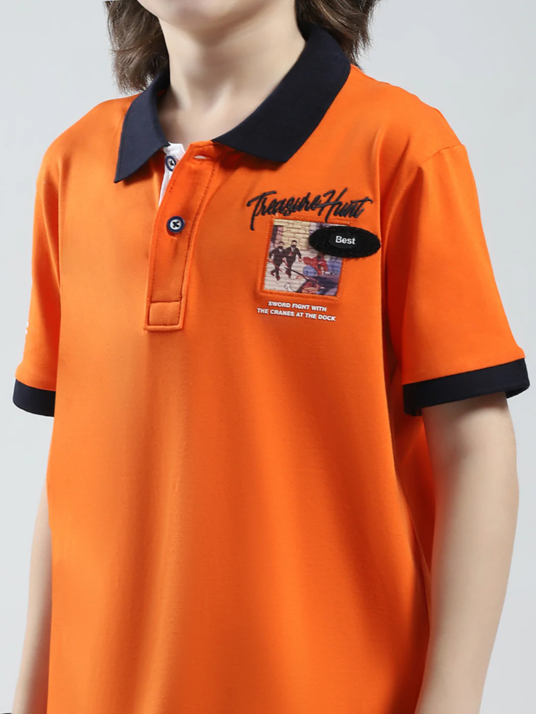 Boys Orange Printed Collar Half Sleeve T-Shirt - Image 6