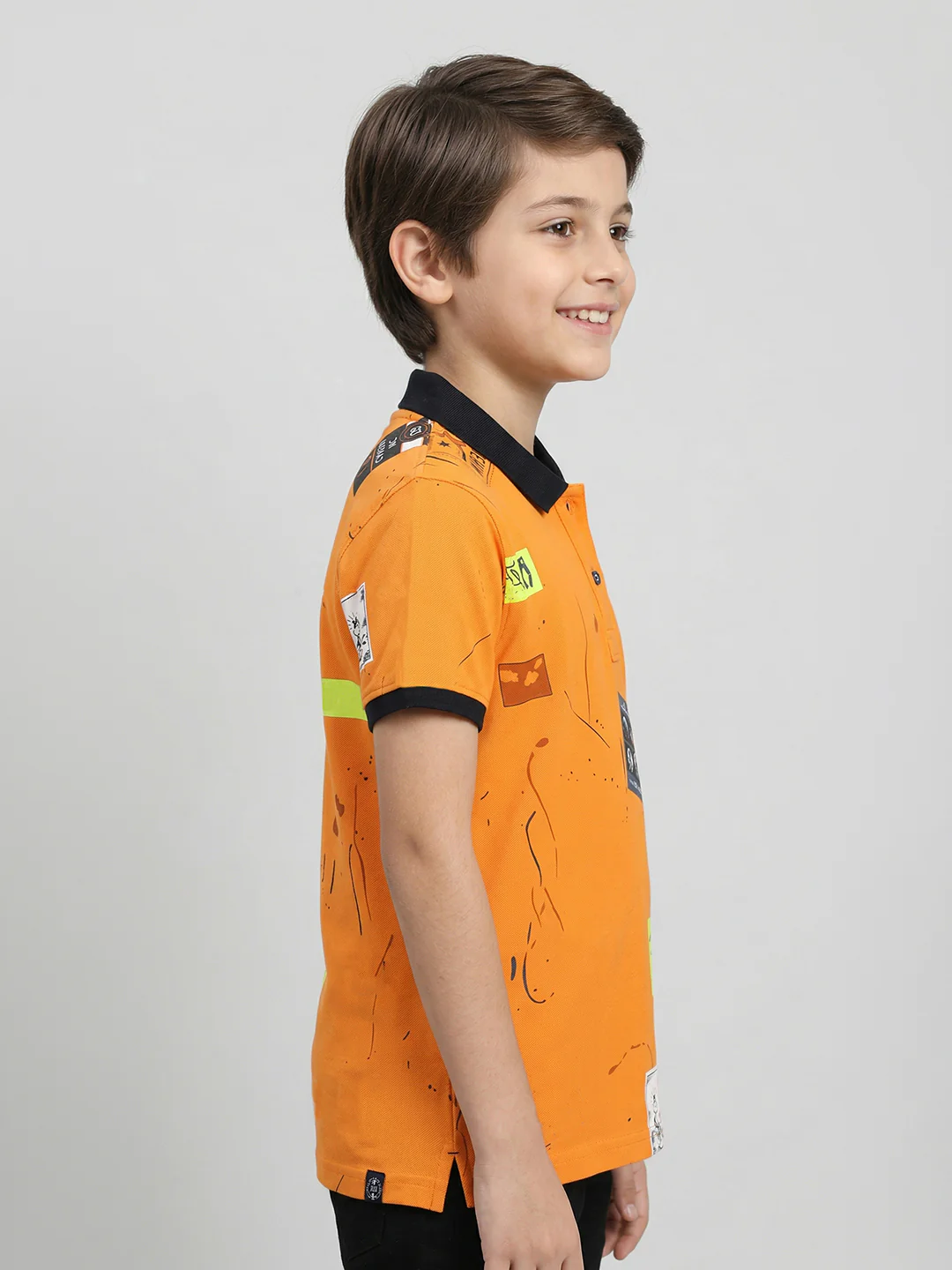 Boys Orange Printed Collar Half Sleeve T-Shirt - Image 2