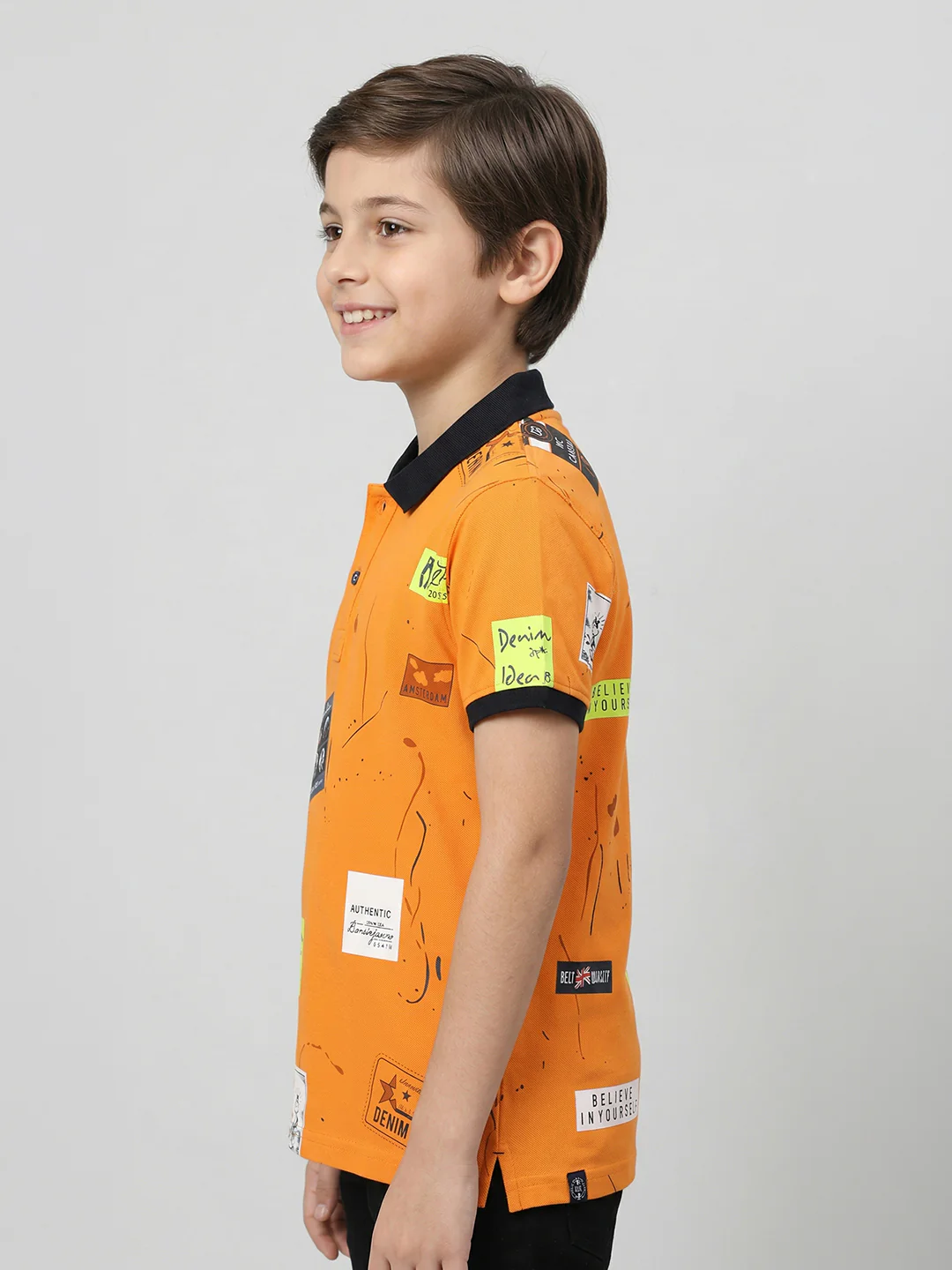 Boys Orange Printed Collar Half Sleeve T-Shirt - Image 3