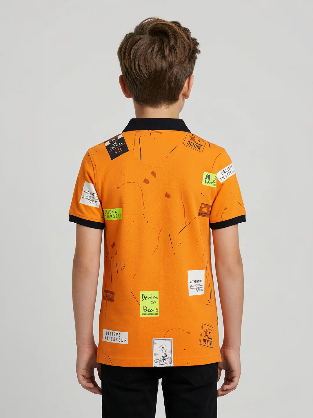 Boys Orange Printed Collar Half Sleeve T-Shirt - Image 4