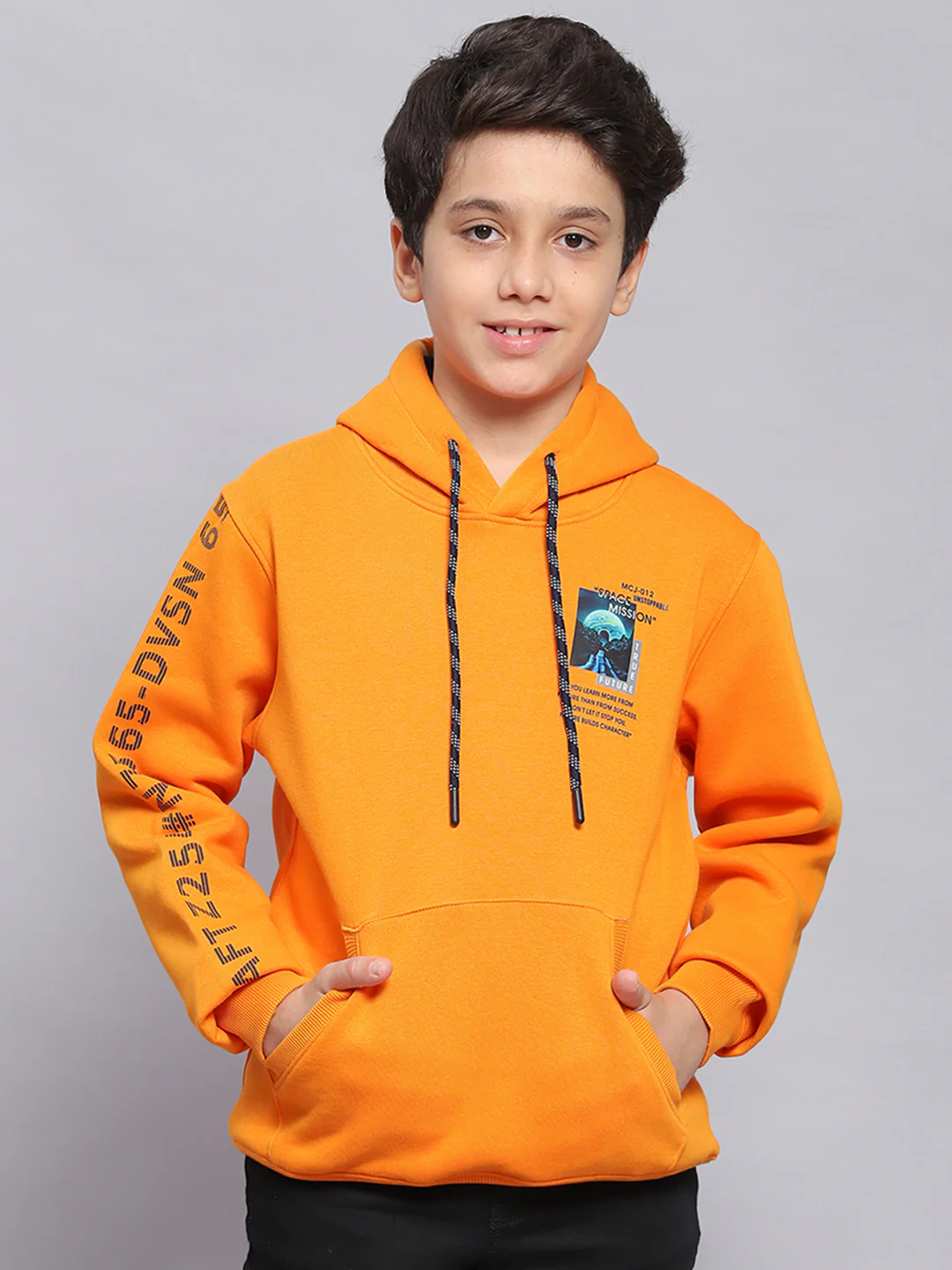 Boys Orange Printed Hooded Full Sleeve Sweatshirt - Image 3