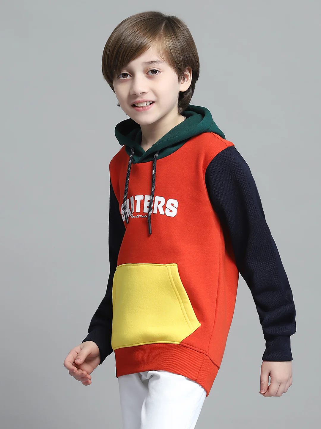 Boys Orange Printed Hooded Full Sleeve Sweatshirt - Image 3
