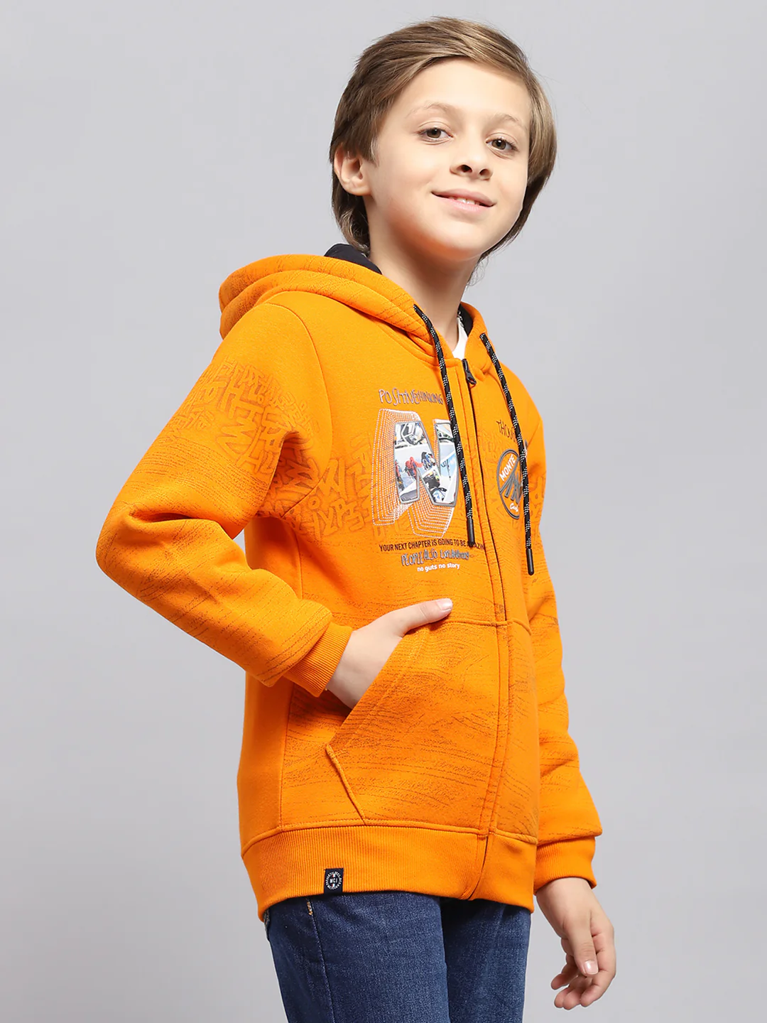 Boys Orange Printed Hooded Full Sleeve Sweatshirt - Image 4