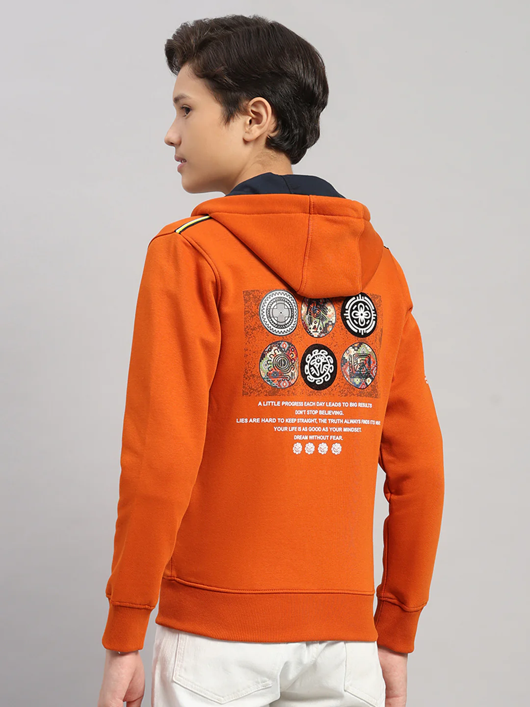 Boys Orange Printed Hooded Full Sleeve Sweatshirt - Image 5