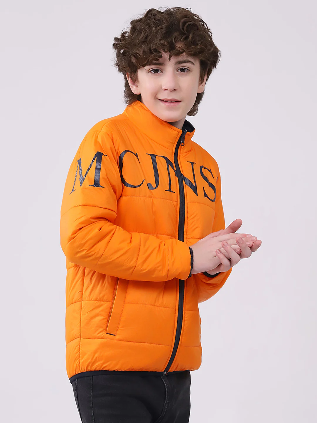 Boys Orange Printed Mock Neck Full Sleeve Boys Reversible Jacket - Image 4