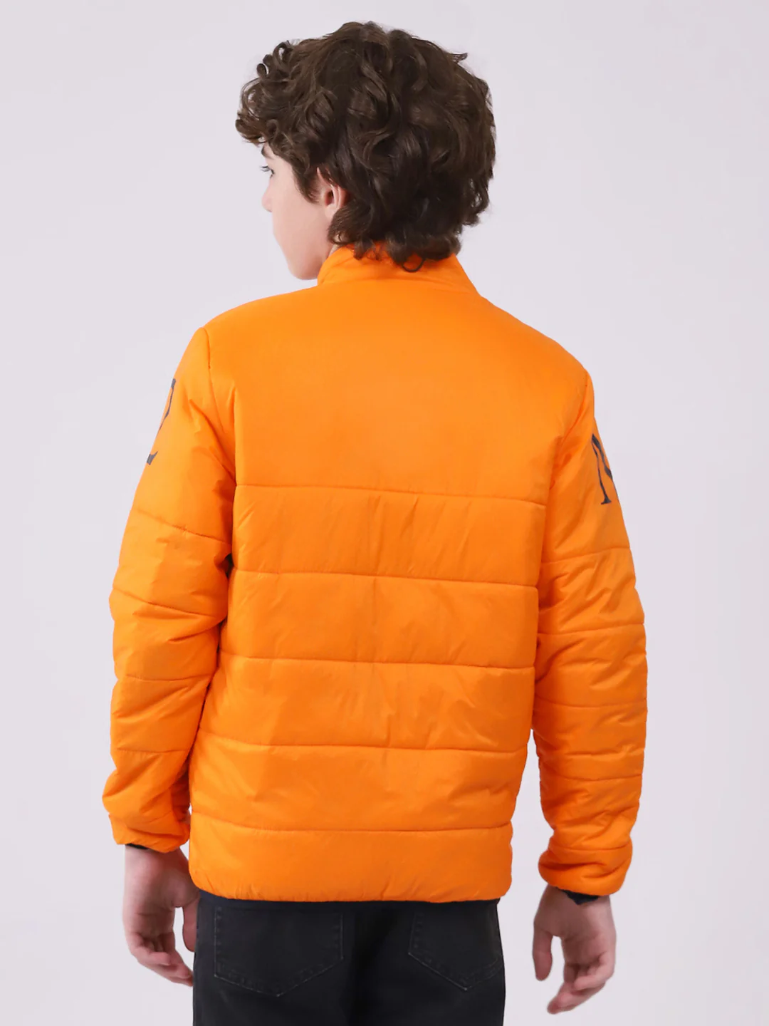 Boys Orange Printed Mock Neck Full Sleeve Boys Reversible Jacket - Image 5