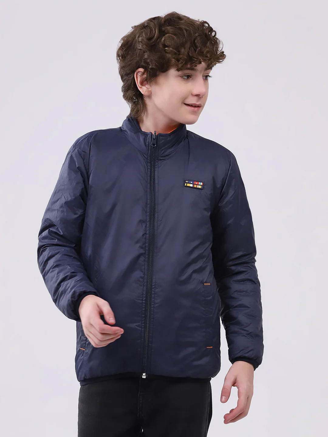 Boys Orange Printed Mock Neck Full Sleeve Boys Reversible Jacket - Image 7