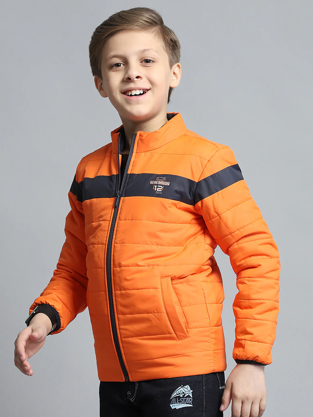 Boys Orange Printed Mock Neck Full Sleeve Jacket - Image 3