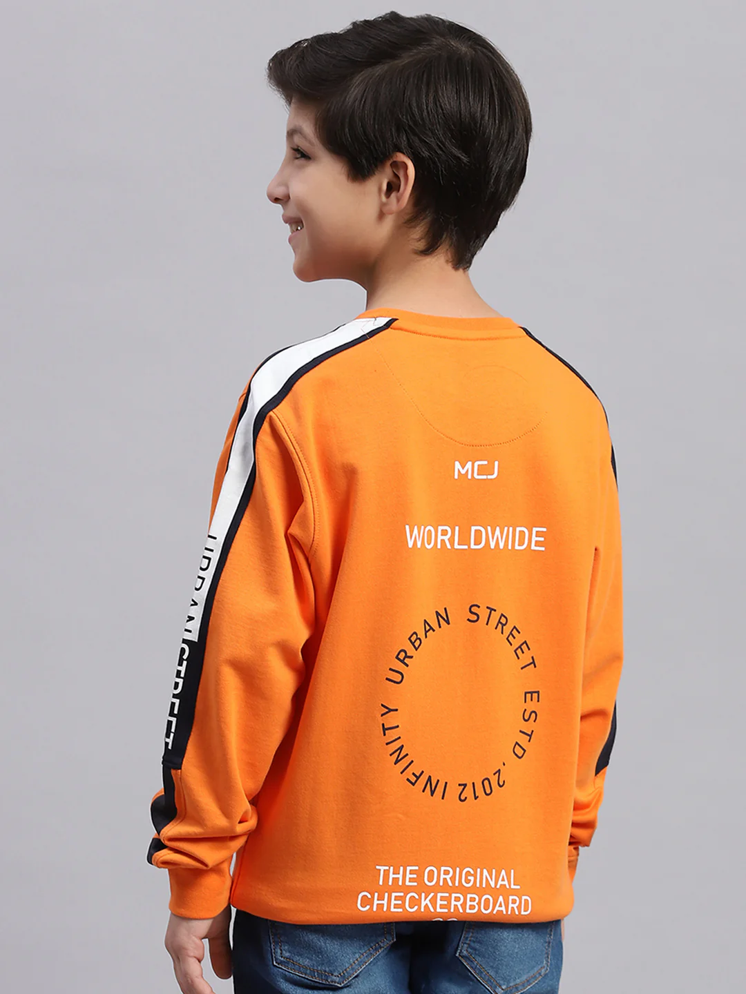 Boys Orange Printed Round Neck Full Sleeve Sweatshirt - Image 5