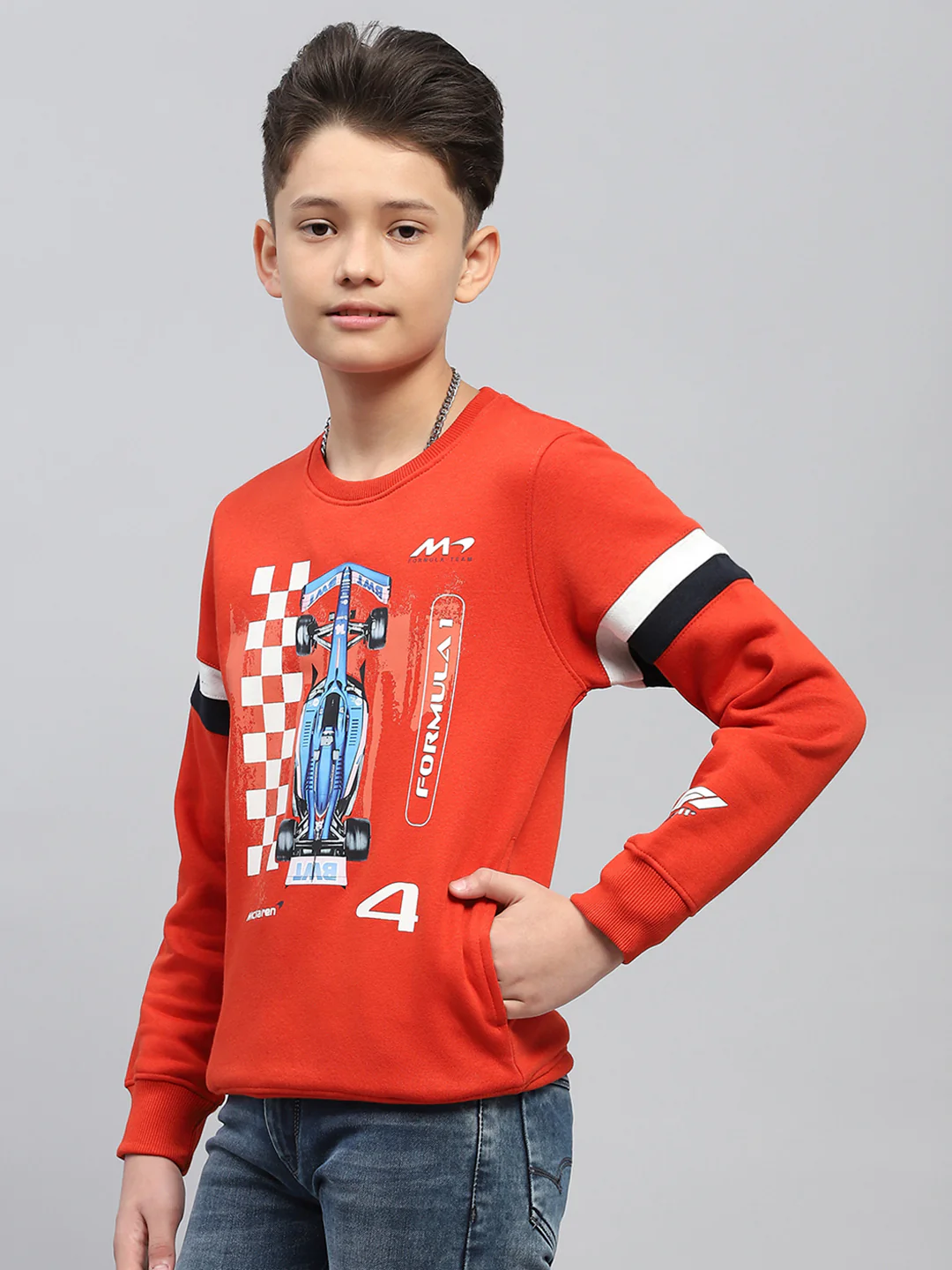 Boys Orange Printed Round Neck Full Sleeve Sweatshirt - Image 3
