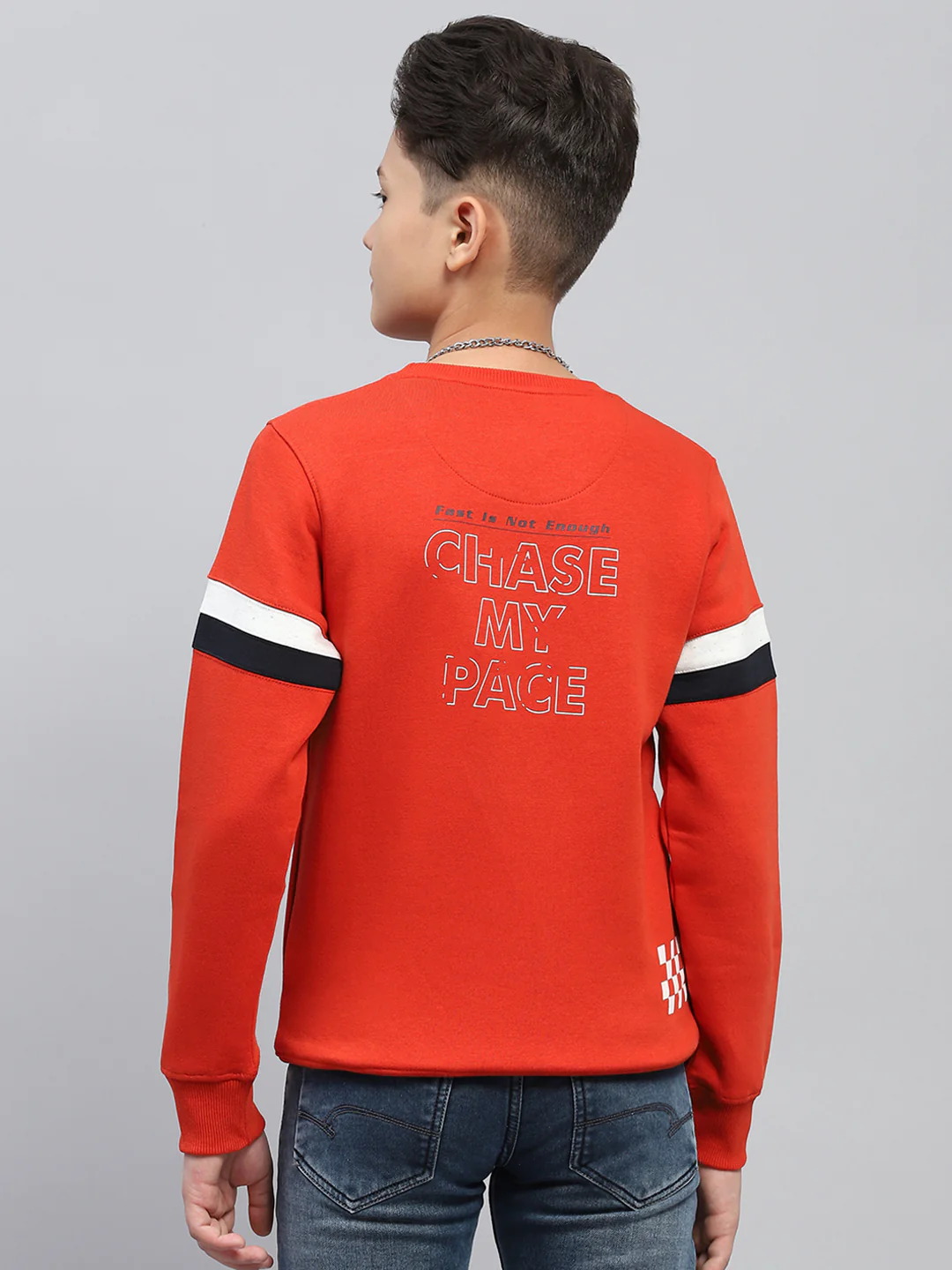 Boys Orange Printed Round Neck Full Sleeve Sweatshirt - Image 5