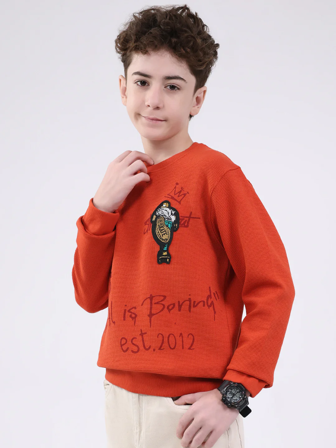 Boys Orange Printed Round Neck Full Sleeve Sweatshirt - Image 3